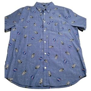 NASA Shirt Mens XL Blue Astronaut Print Short Sleeve Button Down Space Logo Top